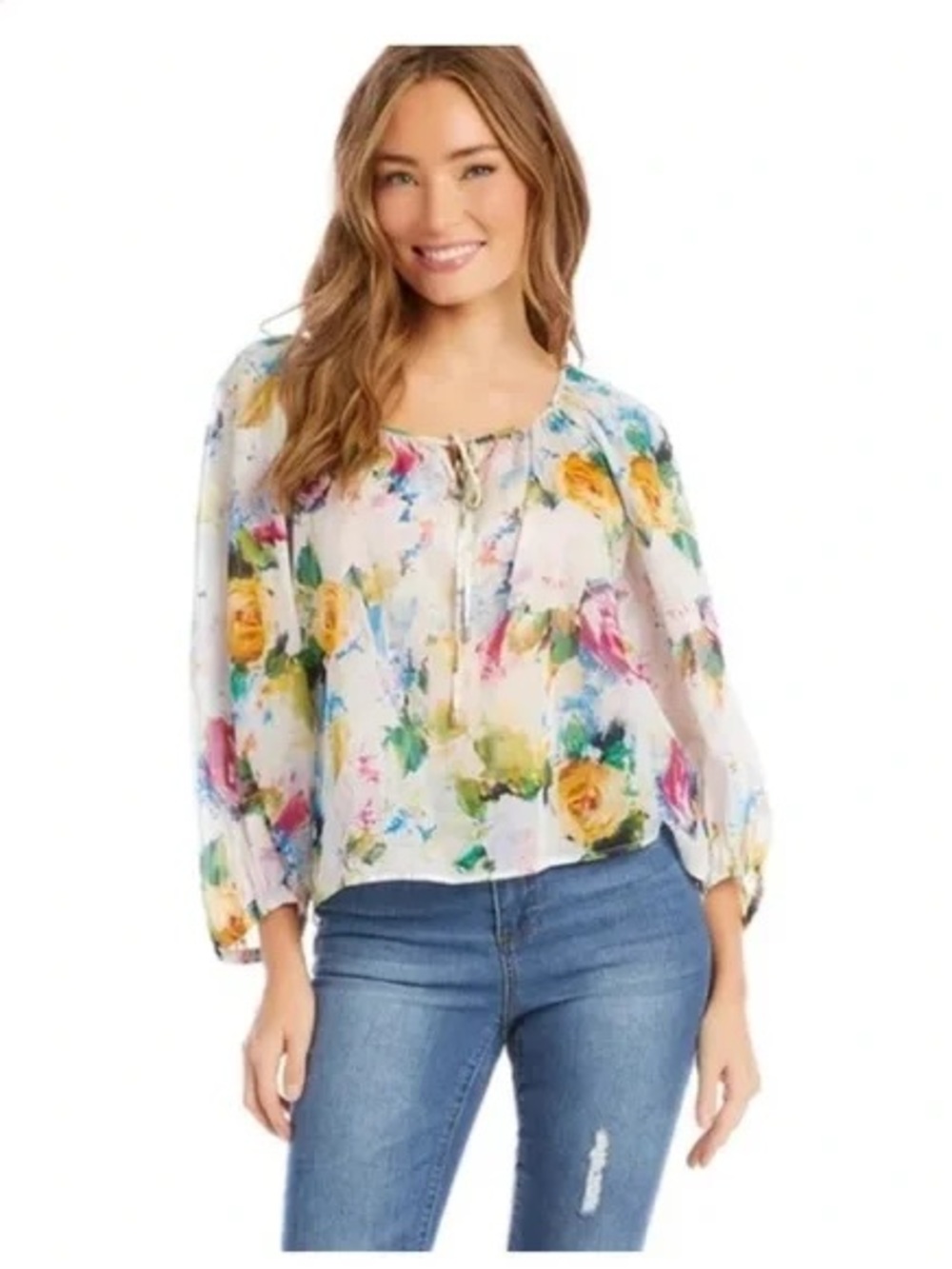 Karen Kane White Floral Tie-Front Blouse